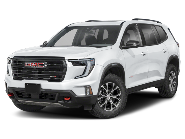 Front 3/4 view of a white 2024 GMC Acadia AT4 with a black grille and red tow hooks.