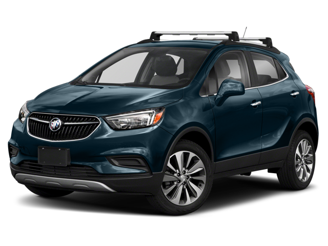 A dark blue Buick Encore SUV with a roof rack, angled front-left.